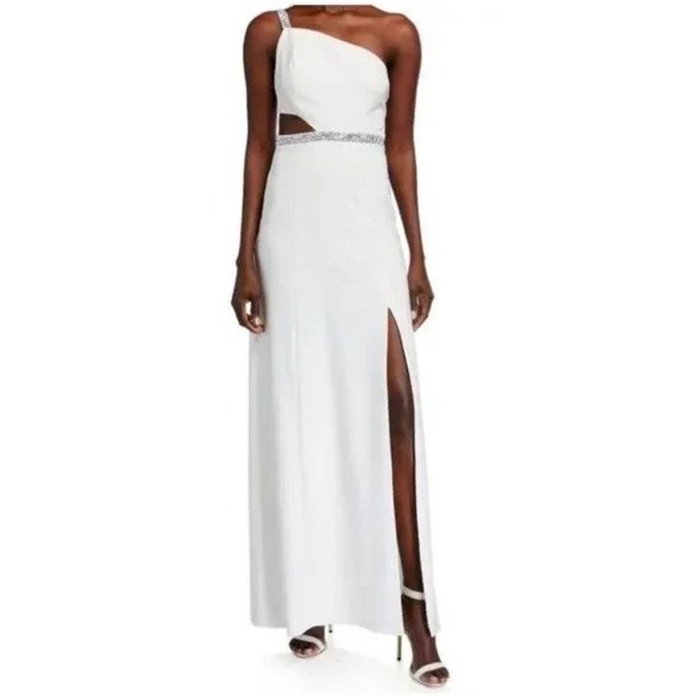 Aidan Mattox One Shoulder Evening Dress 4 Beaded Embellished Formal Maxi Cream